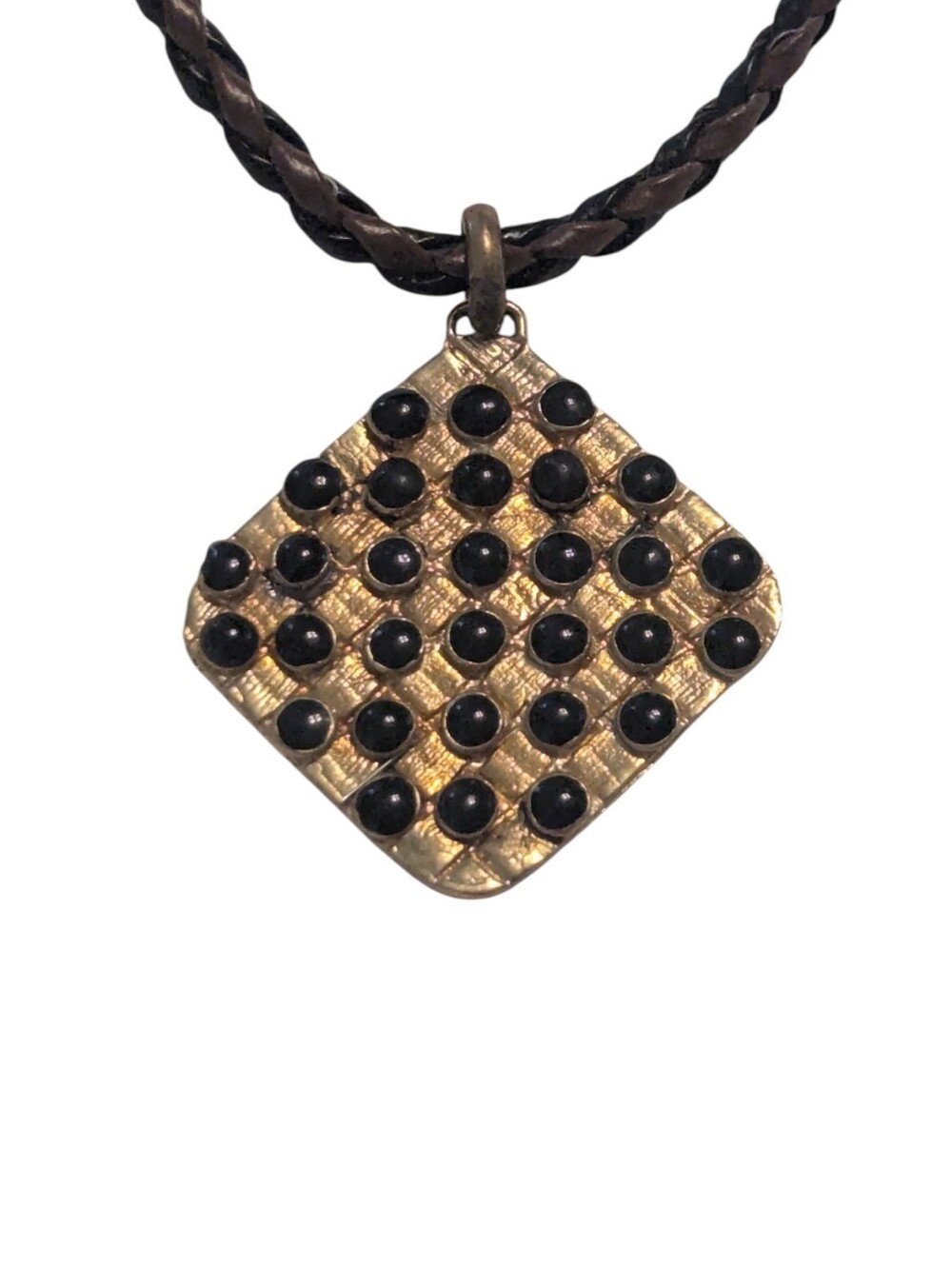 VTG Willow House By Sara Blaine Biji Black Bead Grid Brown Braided Adj. Necklace